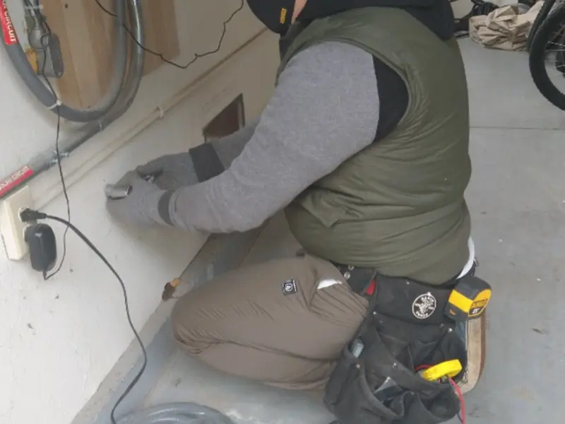 Electrician performing outlet wiring in a Fort Scott garage